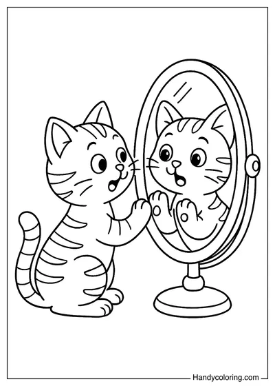 Cat Looking Into Mirror Coloring Page