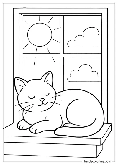 Cat Lying on the Window Coloring Page