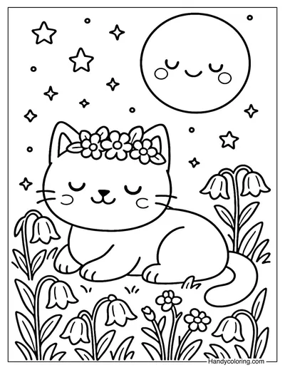 Cat Moon Garden Coloring Page