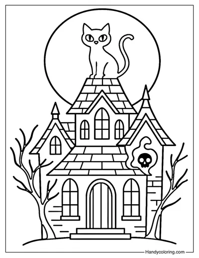 Cat on the Roof Haunted House Coloring Page