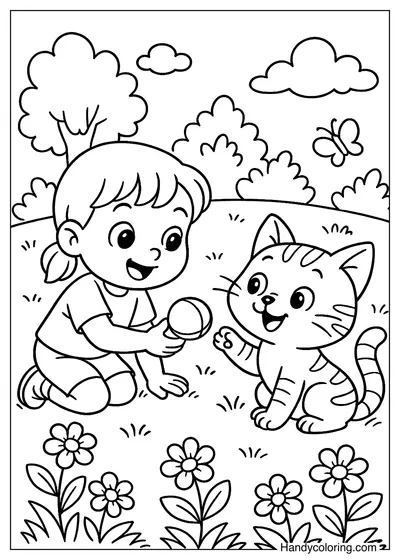 Cat Playing with Little Girl Coloring Page