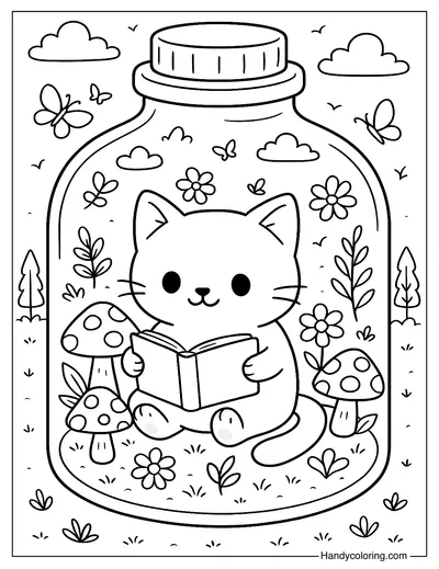 Cat Reading a Book in a Glass Jar Coloring Page