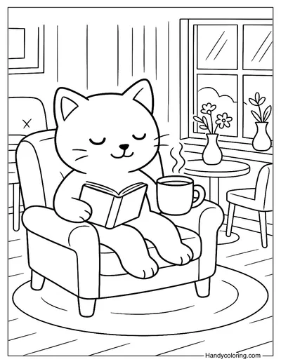 Cat Reading Book and Drinking Coffee Coloring Page