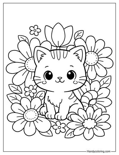 Cat Sitting Among The Flowers
