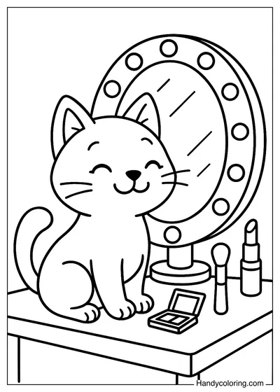 Cat Sitting in Front of Mirror Coloring Page