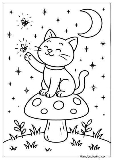 Cat Sitting on a Mushroom Catching Fireflies Coloring Page