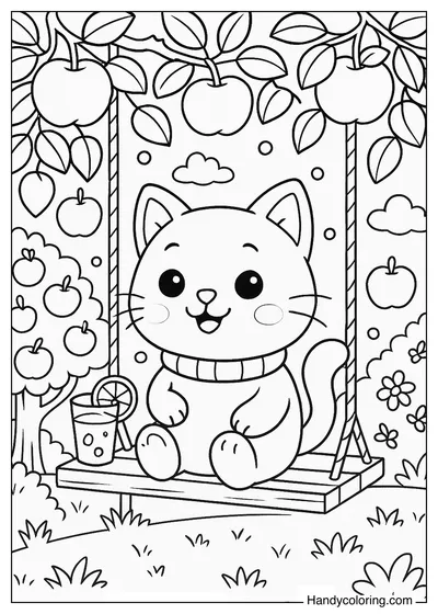 Cat Sitting on Swing in Apple Garden Coloring Page