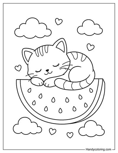 Cat Sleeping on Watermelon Slice
