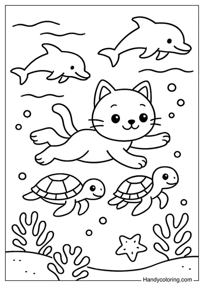 Cat Swimming Under The Ocean Coloring Page