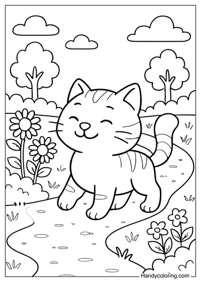 Cat Walking on a Garden Path Coloring Page