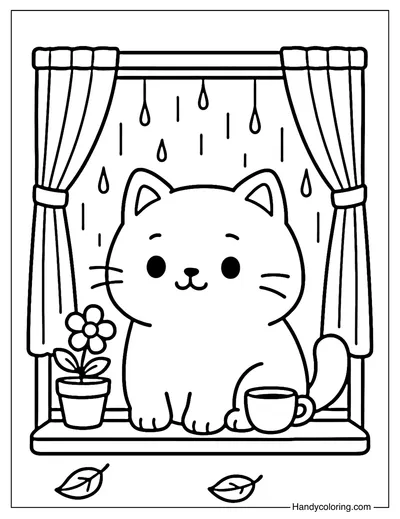 Cat Watching Rain Coloring Page