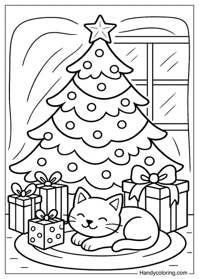 Cat with Christmas Tree Coloring Page