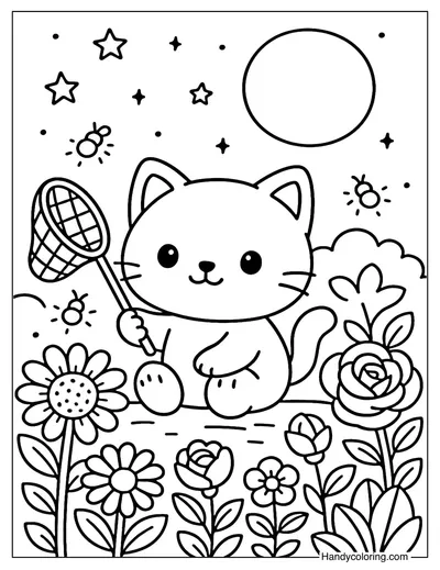 Cat with Fireflies Coloring Page