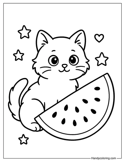 Cat with Watermelon Coloring Page