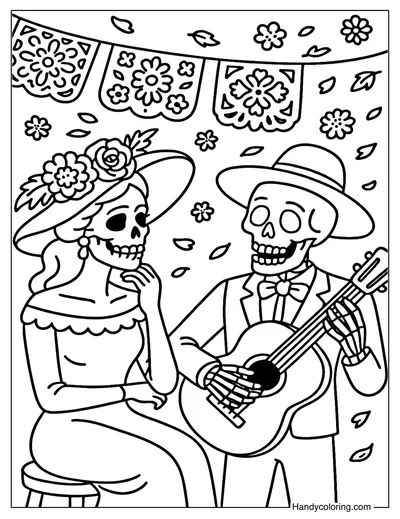 Catrina and Guitarist Coloring Page