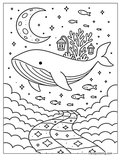 Celestial Whale Odyssey Coloring Page