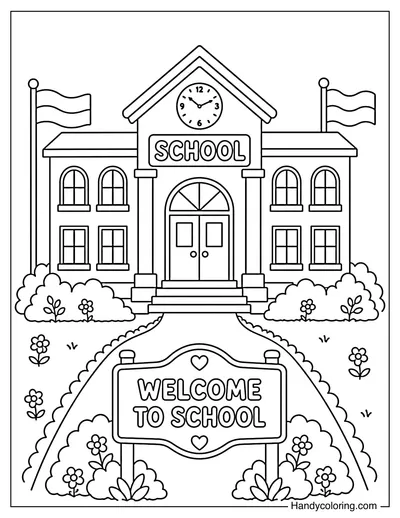 Cheerful School Building with Welcome Banner