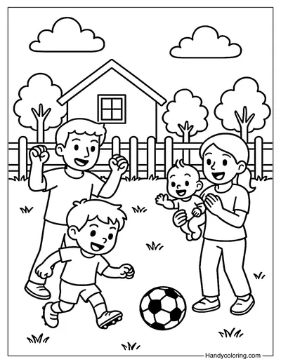 Cheering Family in Backyard Soccer Coloring Page
