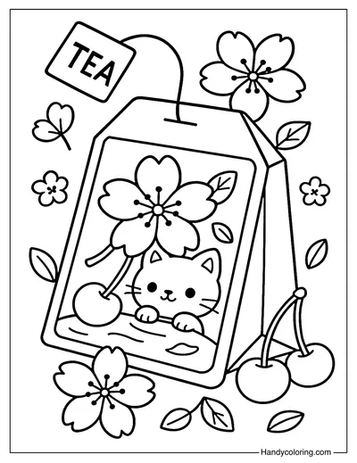 Cherry Cat Tea Bag Coloring Page