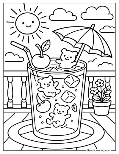 Cherry Ice Tea with Gummy Bears Coloring Page