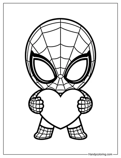 Chibi Spiderman Hugging a Heart Coloring Page
