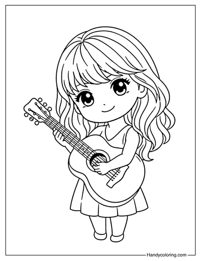 Chibi Taylor Swift with Guitar Coloring Page