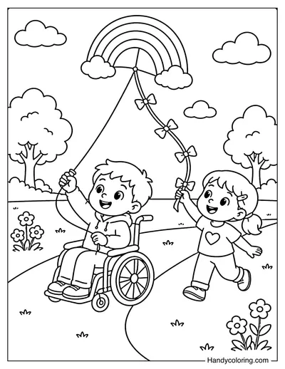 Child in Wheelchair Flying a Rainbow Kite
