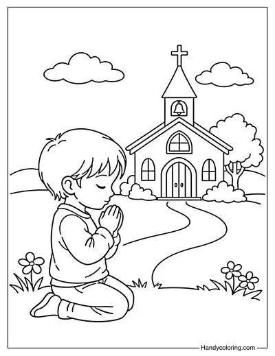 Child Praying In Front Of The Church