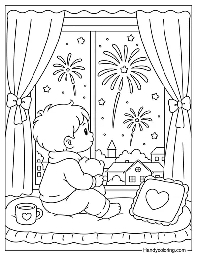 Child Watching Fireworks from Window