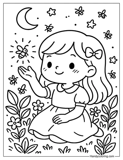 Child with Fireflies Coloring Page