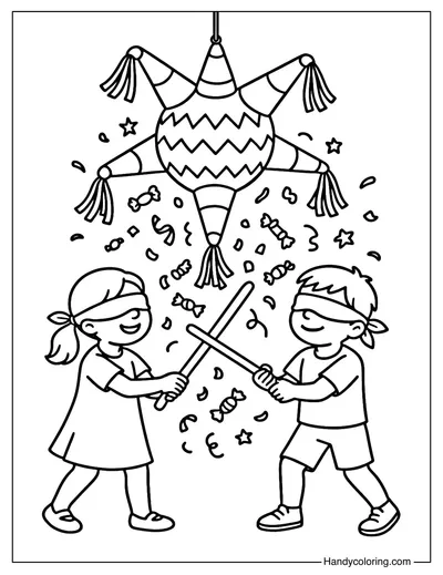 Children Breaking Pinata Coloring Page