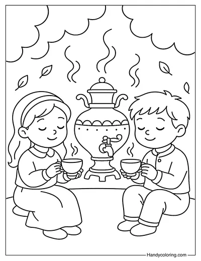 Children Drinking Tea from Samovar Coloring Page