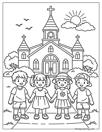 Children Holding Hands in Church Yard