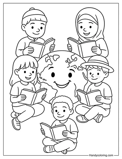 Children Learning in Peace Across the World Coloring Page