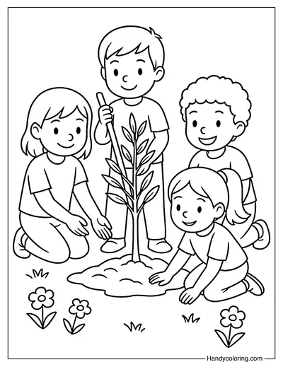 Children Plant Peace Coloring Page