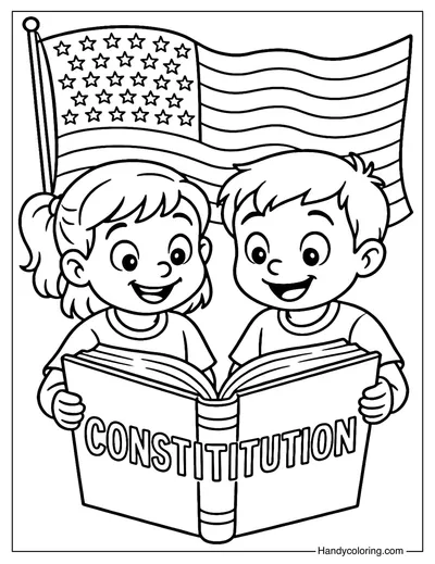 Children Reading Constitution Coloring Page