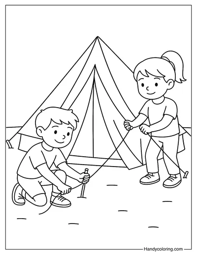 Children Setting Up a Tent Coloring Page