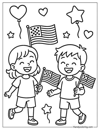 Children with Flags Coloring Page