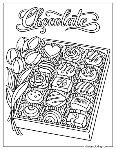 Chocolate Gift Box with Tulip Coloring Page