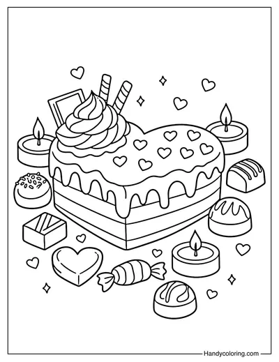 Chocolate Heart Cake Coloring Page