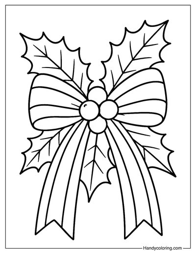 Christmas Bow with Holly Leaf Coloring Page