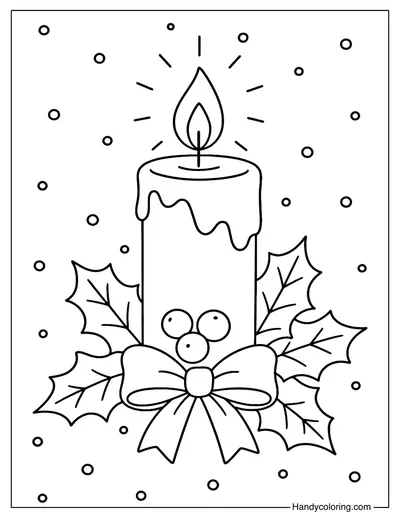 Christmas Candle with Holly Leaves Coloring Page