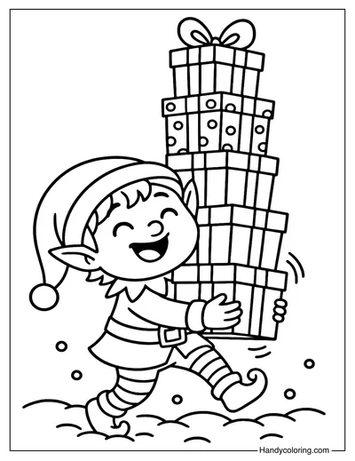 Christmas Elf Carrying Presents Coloring Page