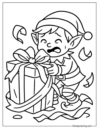 Christmas Elf with a Giant Gift Coloring Page