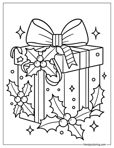 Christmas Gift Box with Holly Coloring Page