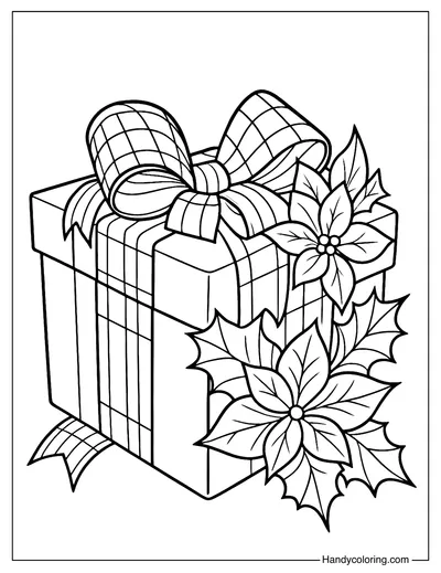 Christmas Gift Box with Poinsettias Coloring Page