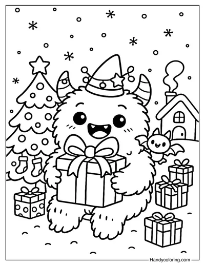 Christmas Gift Monster Coloring Page