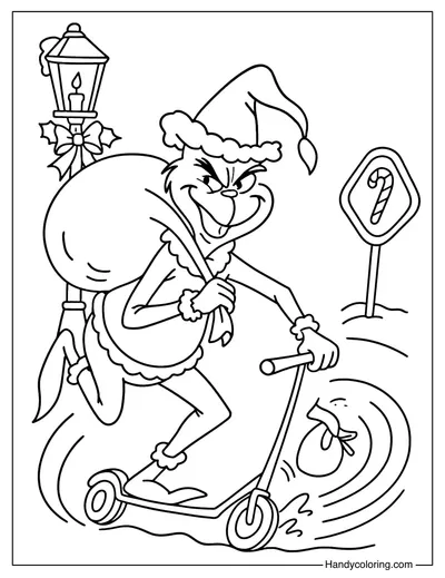 Christmas Grinch with Scooter Coloring Page