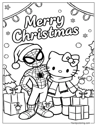 Christmas Hello Kitty and Spiderman Color Page