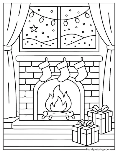 Christmas Night by the Fireplace Coloring Page